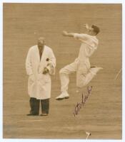 Peter James Loader. Surrey, Western Australia & England 1951-1963. Original sepia press photograph of Loader in bowling action for Surrey v Australians at The Oval, 30th July 1953. Nicely signed in ink to the image by Loader. Reuter. Original press captio