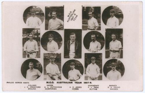 ‘M.C.C. Australian Team 1907-8’. Early original mono real photograph postcard depicting cameo images of the fourteen members of the M.C.C. touring party with printed title and players’ names to lower border. Philco Series 6207D. Postally unused. Good/ ver