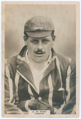 George Boyd Franklin Rudd. Leicestershire 1913-1932. Phillips &lsquo;Pinnace&rsquo; premium issue cabinet size mono real photograph trade card of Rudd, head and shoulders wearing Leicestershire cap and blazer. No.157.C. 4&rdquo;x6&rdquo;. Some age toning, otherwise in good condi