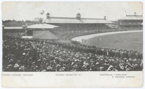 &lsquo;Sydney Cricket Ground. Australia v England. A Record Crowd&rsquo; 1903/04. Early original mono postcard of a view of the packed stands for the first Test match played 11th- 17th December 1903. Graphic Series No. 2. Postmarked Sydney 1904. Nick to top edge, wea