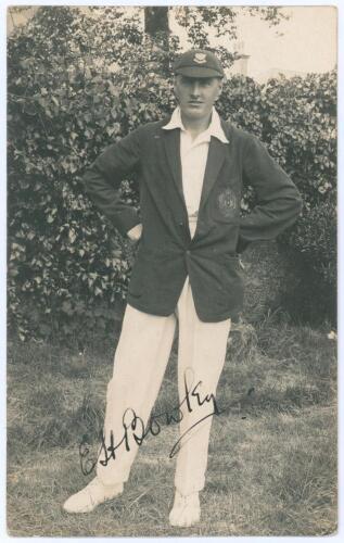 Edward Henry &lsquo;Ted&rsquo; Bowley. Sussex, Auckland & England 1912-1934. Original sepia real photograph postcard of Bowley standing full length wearing cricket attire, blazer and Sussex cap. Very nicely signed in black ink to the photograph. Blind embossed stamp 