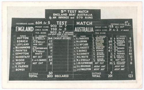 Selfridge & Co. England v Australia 1938. &lsquo;Souvenir of an Historic Occasion&rsquo;. A rarely seen mono real photograph postcard showing the Selfridge Score Board at the close of the Oval Test match, 20th-24th August 1938, in which Hutton made the world record i