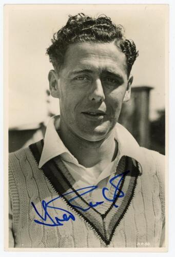 Trevor Edward Bailey. Essex & England 1946-1967. Mono real photograph postcard of Bailey, head and shoulders, wearing M.C.C. sweater. Nicely signed in blue ink to the photograph by Bailey. Valentine & Sons &lsquo;Real Photo Cricket Personalities Series&rsquo;, no. R.