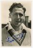Trevor Edward Bailey. Essex & England 1946-1967. Mono real photograph postcard of Bailey, head and shoulders, wearing M.C.C. sweater. Nicely signed in blue ink to the photograph by Bailey. Valentine & Sons &lsquo;Real Photo Cricket Personalities Series&rsquo;, no. R.