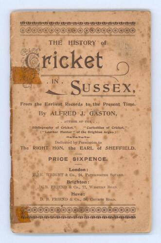 &lsquo;The History of Cricket in Sussex from the earliest records to the present time&rsquo;. Alfred J. Gaston. London 1898. Original paper wrappers. Padwick 2704. Wrappers in poor condition with loss to rear, splitting to spine with old tape repairs and foxing. Inte