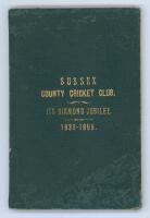 ‘Sussex County Cricket Club. Its Diamond Jubilee. 1839-1899’. Alfred D. Taylor. Privately printed 1899. Original dark green cloth boards with gilt title to front cover. Padwick 2784 states this edition was limited to one hundred copies. Some mottling to b