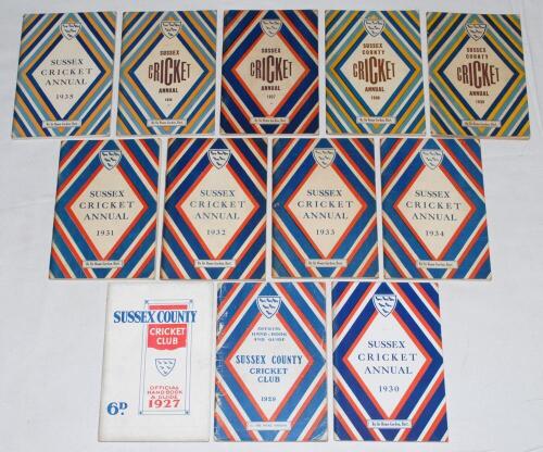 &lsquo;Sussex C.C.C. Official Handbook & Guide&rsquo;. A good run of the &lsquo;Handbook & Guide&rsquo; for seasons 1927 and 1929, and &lsquo;Annual&rsquo; for seasons 1930-1939. Original decorative card wrappers. Minor wear to the wrappers of the 1929, rusting to staples, otherwise in good