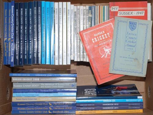 Sussex C.C.C. handbooks, benefit brochures and magazines. Two boxes comprising the official Cricket Annual for 1949 and a near complete run of Club handbooks for seasons 1950, 1951, 1953-2012, 2014 and 2023. Also &lsquo;My Sussex 1947&rsquo;, Victor Champion, &ldquo;Crusad