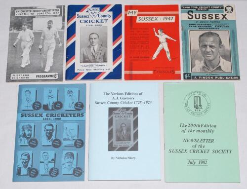 Sussex books and booklets. Seven titles in original paper wrappers including one signed limited edition. &lsquo;Sussex County Cricket 1728-1923&rsquo;. Compiled by &ldquo;Leather Hunter&rdquo; A.J. Gaston. Brighton 1924. &lsquo;Chichester County Cricket Week&rsquo; 1947, official souvenir p