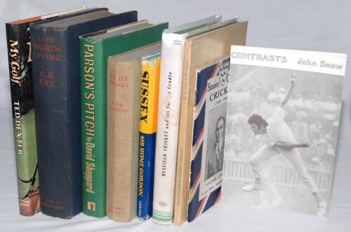 Sussex cricket and cricketers. Nine titles, the majority hardbacks, including one signed limited edition, &lsquo;Contrasts&rsquo;, poems by John Snow, London 1971, limited edition no. 37/100, signed by Snow, paper wrappers. &lsquo;Sussex County Cricket&rsquo;, &ldquo;Leather Hunter&rdquo; (