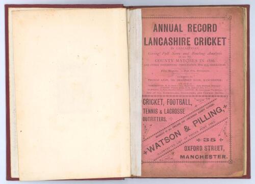 &lsquo;Annual Record of Lancashire Cricket&rsquo; by &lsquo;Lancastrian&rsquo; [Thomas Axon]. Published by Axon in Manchester 1887. Comprises &lsquo;Full Score and Bowling Analysis of all the County Matches in 1886&rsquo;. 48pp. Bound later in maroon cloth with gilt title to spine, original