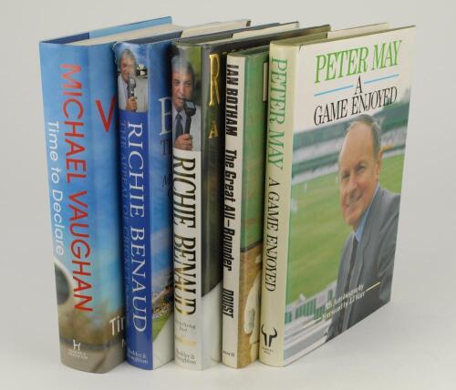 Signed cricket books. Five modern cricket books all signed by their authors. Signatures are Michael Vaughan, Richie Benaud (2), Peter May and Ian Botham. All with dustwrapper. VG
