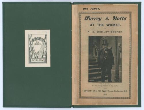 &lsquo;Surrey v. Notts at the Wicket&rsquo;. F.S. Ashley-Cooper. Published at the &lsquo;Cricket&rsquo; Office, London, 1899. 16pp booklet with portraits and statistics, with original paper wrappers featuring a portrait of &lsquo;Mr. W. Burrup, Hon. Sec. Surrey County C.C. 1855 to 187