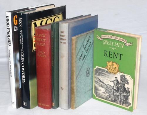 Kent cricket histories and biographies. Seven original hardback titles. &lsquo;A Few Short Runs&rsquo;, Lord Harris, London 1921. &lsquo;Early Memories of Frank Woolley&rsquo;, Martha Wilson Woolley, Ashurst 1976, limited edition no. 389/1000. Signed by Woolley. &lsquo;Kent Cricket Ma