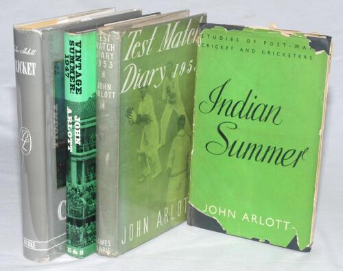 John Arlott. Four first edition hardback titles with good original dustwrappers. &lsquo;Cricket&rsquo;, Pleasures of Life Series, London 1953, signed by Arlott. &lsquo;Vintage Summer: 1947&rsquo;, London 1967, Arlott&rsquo;s first book to be published on cricket. &lsquo;Test Match Diary 195