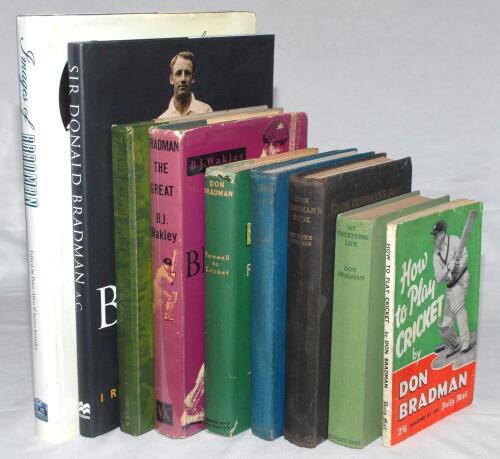 Don Bradman. Eight hardback titles including &lsquo;Brightly Fades the Don&rsquo;, Jack Fingleton, London 1949, nicely signed in ink with dedication to the front end paper by Fingleton, dated 16th June 1953. Sold with four autobiographies, &lsquo;Don Bradman&rsquo;s Book&rsquo; &lsquo;Delux