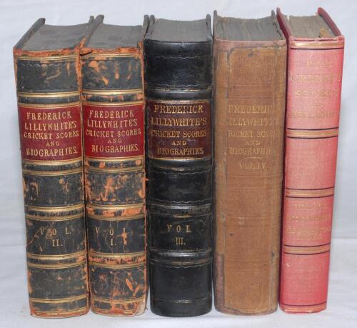 &lsquo;Frederick Lillywhite&rsquo;s [and M.C.C.] Cricket Scores And Biographies Of Celebrated Cricketers. Volumes I, II (both published 1862), III, and IV (both 1863), also Vol. XV, &lsquo;Biographies and Biographical Index&rsquo; (1925). All in original bindings. Vols. I-III bo