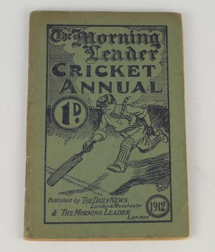 The Morning Leader Cricket Annual 1912&rsquo;. Edited by &lsquo;The Rover&rsquo; Alfred Gibson. Published by The Daily News and The Morning Leader. 96pp. Original decorative green paper wrappers. Padwick 1114. Minor soiling to wrappers, rusting to staples, otherwise in goo