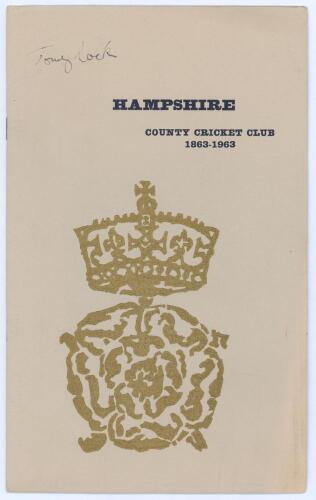 &lsquo;Hampshire County Cricket Club 1863-1963&rsquo;. Limited edition booklet produced for the The Centenary Match, Hampshire v M.C.C., Southampton, 11th-13th September 1963. The booklet includes articles by H.S. Altham, &lsquo;The Centenary Match&rsquo;, signed by Altham, and 