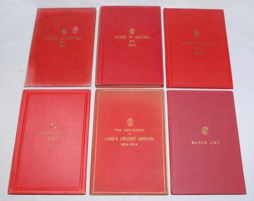 &lsquo;The Centenary of Lord&rsquo;s Cricket Ground 1814-1914&rsquo;. Red cloth boards with titles in gilt to cover. Gilt to edges. Breaking to front internal hinge, otherwise in good condition. Sold with five further similarly bound M.C.C. titles, &lsquo;Scores of Matches etc.&rsquo;