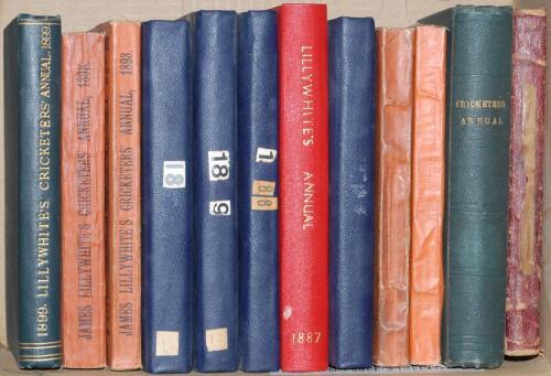 John and James Lillywhite&rsquo;s Cricketers&rsquo; Companion/ Annual 1871-1899. A selection of twelve volumes comprising &lsquo;John Lillywhite&rsquo;s Cricketers&rsquo; Companion&rsquo; 1871 bound in quarter leather, lacking original wrappers. Wear to boards. &lsquo;James Lillywhite&rsquo;s Cricketer