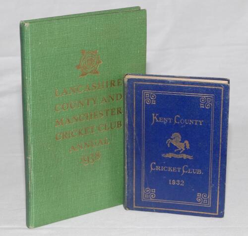 Kent and Lancashire pre-war annuals. Kent C.C.C. &lsquo;Blue book&rsquo; annual 1932. Original pictorial board covers. Minor wear to boards, fading and slight splitting to spine, internally in very good condition. Lancashire County and Manchester Cricket Club Annual 