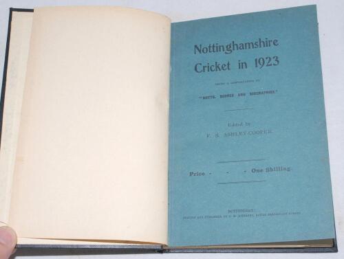 F.S. Ashley-Cooper, Nottinghamshire cricket. Three titles by Ashley-Cooper bound together in one volume in black cloth with gilt title to spine, original wrappers of all three retained. Bookplate of J.W. Goldman to inside front cover. Titles are &lsquo;Nottingh