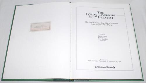 &lsquo;The Lord&rsquo;s Taverners Fifty Greatest&rsquo;. The fifty greatest post war cricketers. Selected by Trevor Bailey, Richie Benaud, Colin Cowdrey and Jim Laker. London 1983. Leather bound de luxe limited edition with gilt lettering. Page edges gilt. In slipcase. Lim