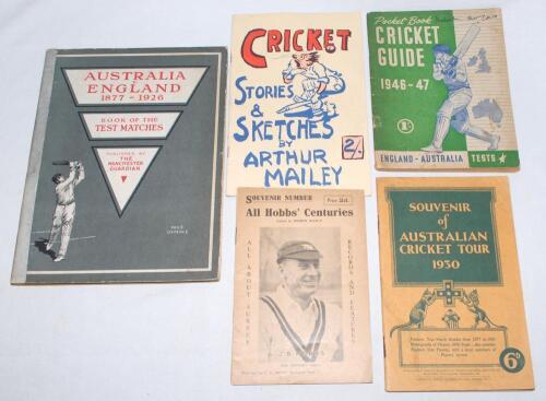 Cricket tour and statistical booklets 1925-1956. Five titles. ‘Australia v England 1877-1926. Book of the Test Matches’. Published by The Manchester Guardian. Pre tour publication of the Australian tour of England 1926. Original pictorial boards. ‘All Hob