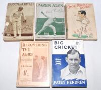 ‘Recovering the Ashes. An Account of the Cricket Tour in Australia 1911-12’, J.B. Hobbs, London 1912. Original pictorial stiffened boards. Slight splitting to spine paper, otherwise in good condition. Sold with ‘Big Cricket’, Patsy Hendren, London 1934, p