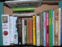 Cricket biographies, tours, histories, reference books etc. Box comprising a good selection of mainly modern hardback titles with some brochures and booklets. Biographies include Bob Woolmer, Mike Atherton, Alec Stewart, Ian Botham, Derek Underwood, Tony 