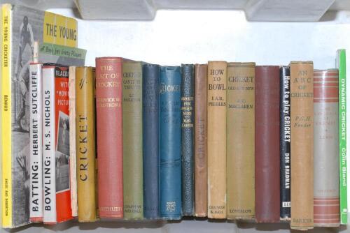 Instructional cricket books. Box comprising nineteen mainly hardback titles. Earlier titles include ‘Cricket. A Popular Handbook of the Game’, G.A. Hutchinson 1887. ‘Cricket for Beginners’, A.C. MacLaren 1896. ‘Cricket’, R.H. Lyttelton 1898. ‘Cricket’, C.