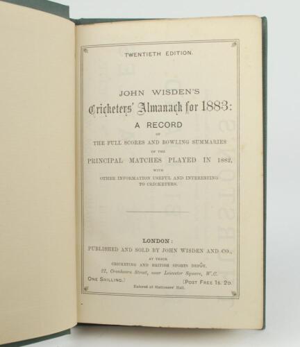 Wisden Cricketers’ Almanack 1883. 20th edition. Bound in dark green boards, lacking original paper wrappers, with gilt titles to spine. Lacking the first and all but one of the advertising pages at front and rear, four letters written to the bottom of the