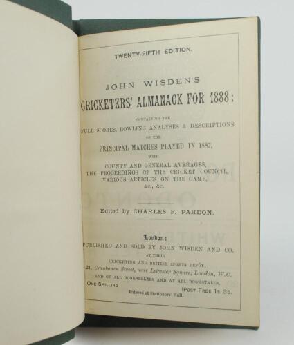 Wisden Cricketers’ Almanack 1888. 25th edition. Bound in dark green boards, lacking original paper wrappers, with gilt titles to spine, light red page edges. Lacking the first and all rear advertising pages, trimming a little tight by the binder otherwise