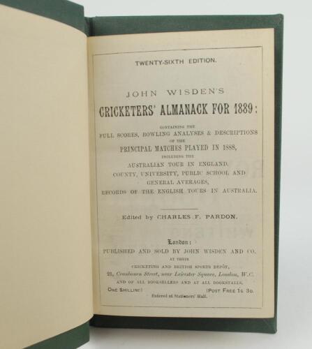 Wisden Cricketers’ Almanack 1889. 26th edition. Bound in dark green boards, lacking original paper wrappers, with gilt titles to spine, light red page edges. Lacking the first and all rear advertising pages, trimming a little tight by the binder otherwise