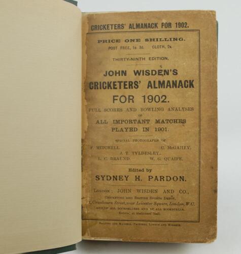 Wisden Cricketers’ Almanack 1902 and 1903. 39th & 40th editions. Bound in dark green boards, with original paper wrappers, with gilt titles to spine