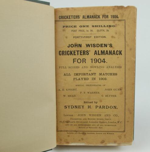 Wisden Cricketers’ Almanack 1904. 41st edition. Bound in dark green boards, with original paper wrappers, with gilt titles to spine. Some foxing to the front wrapper, minor wear to wrapper extremities otherwise in good/very good condition. The book has be