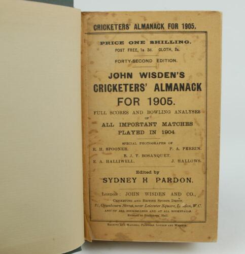 Wisden Cricketers’ Almanack 1905. 42nd edition. Bound in dark green boards, with original paper wrappers, with gilt titles to spine. Some foxing to the front wrapper, minor loss to the wrapper edges otherwise in good/very good condition. The book has been