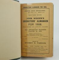 Wisden Cricketers’ Almanack 1906. 43rd edition. Bound in dark green boards, with original paper wrappers, with gilt titles to spine. Old vertical tape mark to edge of both wrappers nearest the spine, some minor loss to wrapper edges otherwise in good+ con