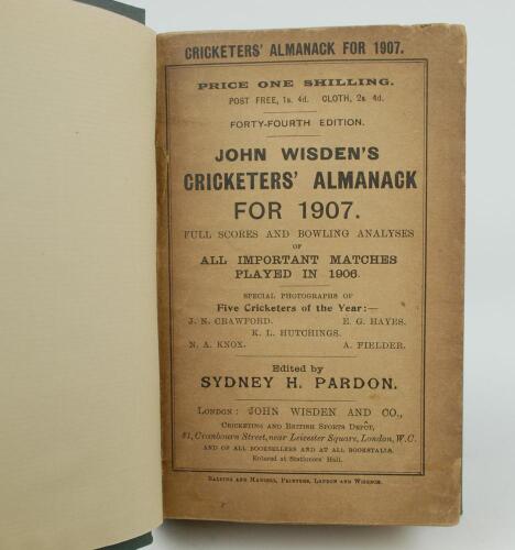 Wisden Cricketers’ Almanack 1907 and 1908. 44th & 45th editions. Bound in dark green boards, with original paper wrappers, with gilt titles to spine. Some darkening to the wrappers of the 1907 edition, wear and old tape to the wrappers of the 1908 edition