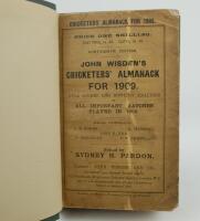 Wisden Cricketers’ Almanack 1909 and 1910. 46th & 47th editions. Bound in dark green boards, with original paper wrappers, with gilt titles to spine, the 1909 with only front wrapper. The front wrapper of the 1909 edition with some wear, darkening and sma