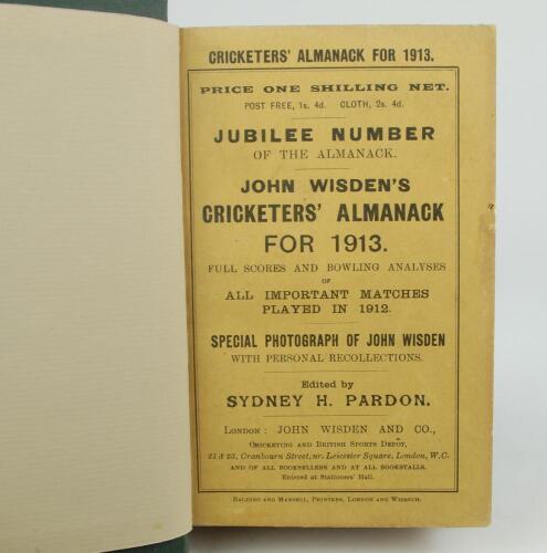 Wisden Cricketers’ Almanack 1913. 50th edition. Bound in dark green boards, with original paper wrappers, with gilt titles to spine. Very good condition. The book has been bound in dark green boards with gilt lettering title and date to spine. With title 