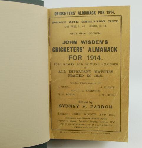 Wisden Cricketers’ Almanack 1914. 51st edition. Bound in dark green boards, with original paper wrappers, with gilt titles to spine. Very good condition. The book has been bound in dark green boards with gilt lettering title and date to spine. With title 