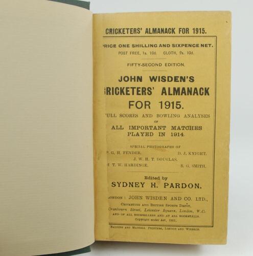 Wisden Cricketers’ Almanack 1915. 52nd edition. Bound in dark green boards, with original paper wrappers, with gilt titles to spine. Small tear to the top edge of the rear wrapper otherwise in very good condition. The book has been bound in dark green boa