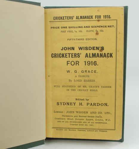 Wisden Cricketers’ Almanack 1916. 53rd edition. Bound in dark green boards, with original paper wrappers, with gilt titles to spine. Minor stain to front wrapper otherwise in good/very good condition. The book has been bound in dark green boards with gilt