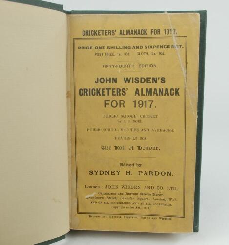 Wisden Cricketers’ Almanack 1917. 54th edition. Bound in dark green boards, with original paper wrappers, with gilt titles to spine. Repair to corner of front wrapper, minor wear to wrappers otherwise in good/very good condition. The book has been bound i