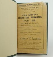 Wisden Cricketers’ Almanack 1918. 55th edition. Bound in dark green boards, with original paper wrappers, with gilt titles to spine. Loss to top right hand corner of the title page and the first advertising page, slight soiling to wrappers otherwise in go