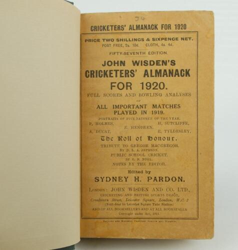 Wisden Cricketers’ Almanack 1920. 57th edition. Bound in dark green boards, with original paper wrappers, with gilt titles to spine. Good/very good condition. The book has been bound in dark green boards with gilt lettering title and date to spine. With t