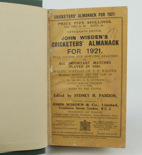 Wisden Cricketers’ Almanack 1921. 58th edition. Bound in dark green boards, with original paper wrappers, with gilt titles to spine. Binding a little tight by the binder to odd pages otherwise in good/very good condition. The book has been bound in dark g