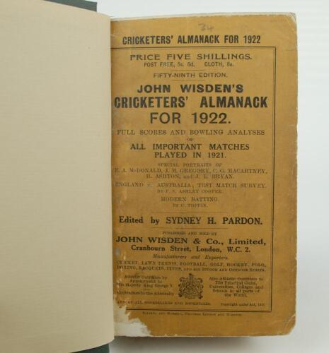 Wisden Cricketers&rsquo; Almanack 1922 and 1923. 59th & 60th editions. Both bound in dark green boards, with original paper wrappers, with gilt titles to spine, the 1922 edition lacking original rear wrapper. The 1922 edition with loss to the left hand corner o
